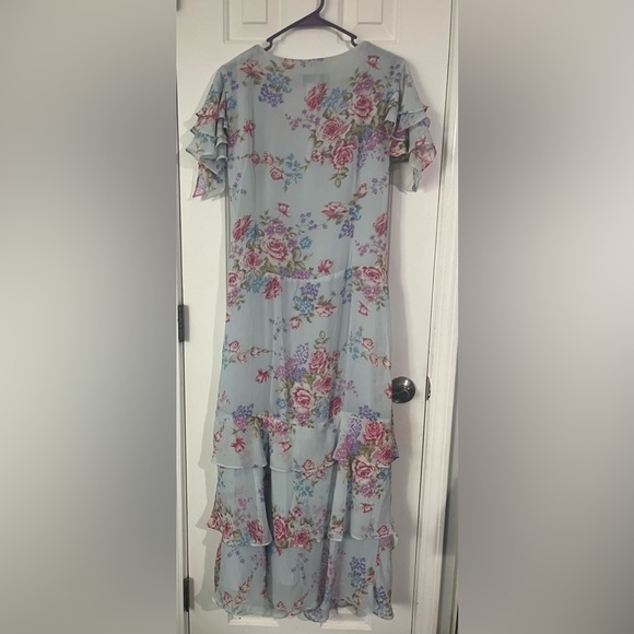 Mary McFadden floral print long midi blue ruffle sleeve  dress size 12 - Picture 4 of 7
